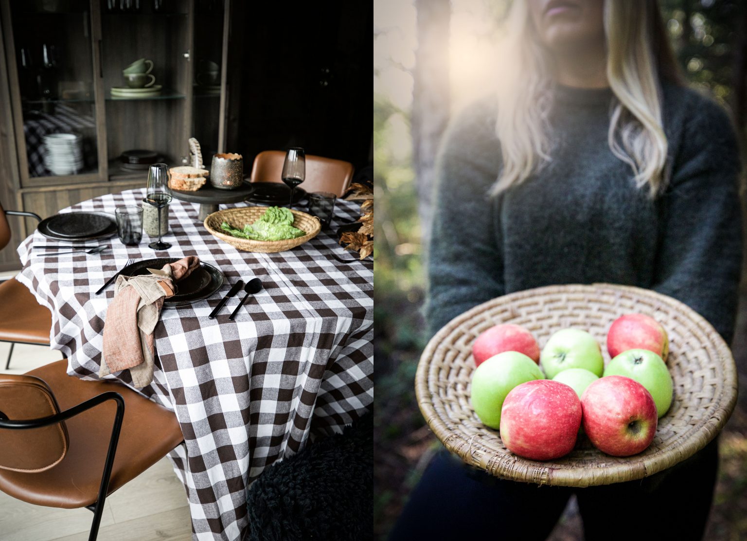 table setting for Autumn, freshly apples